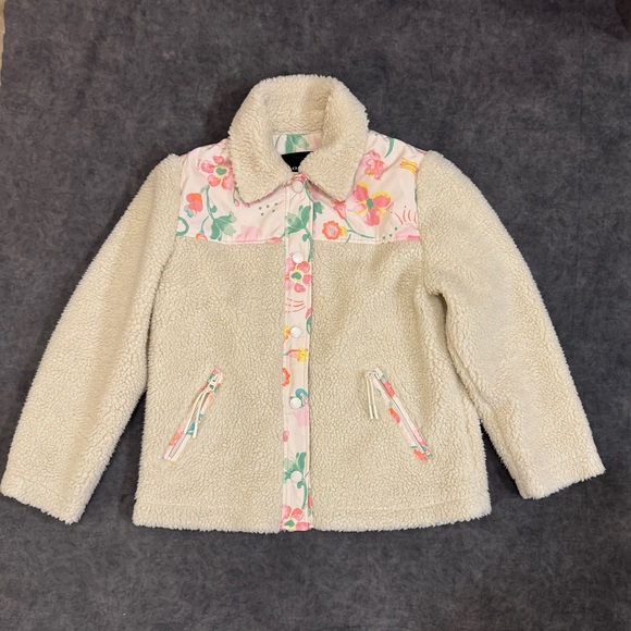Preloved Women COACH Blocked Floral Cream Sherpa Oversize Jacket Small Winter - Picture 4 of 16